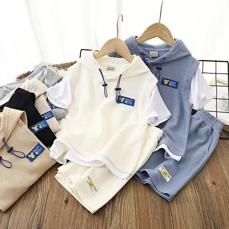 ARWEN & AJH GROUP Baby Boy Clothes Set Summer Hoodies T-shirts and Shorts Suit Children Girls Waffle Patchwork Top Bottom 2pcs Outfits Tracksuit