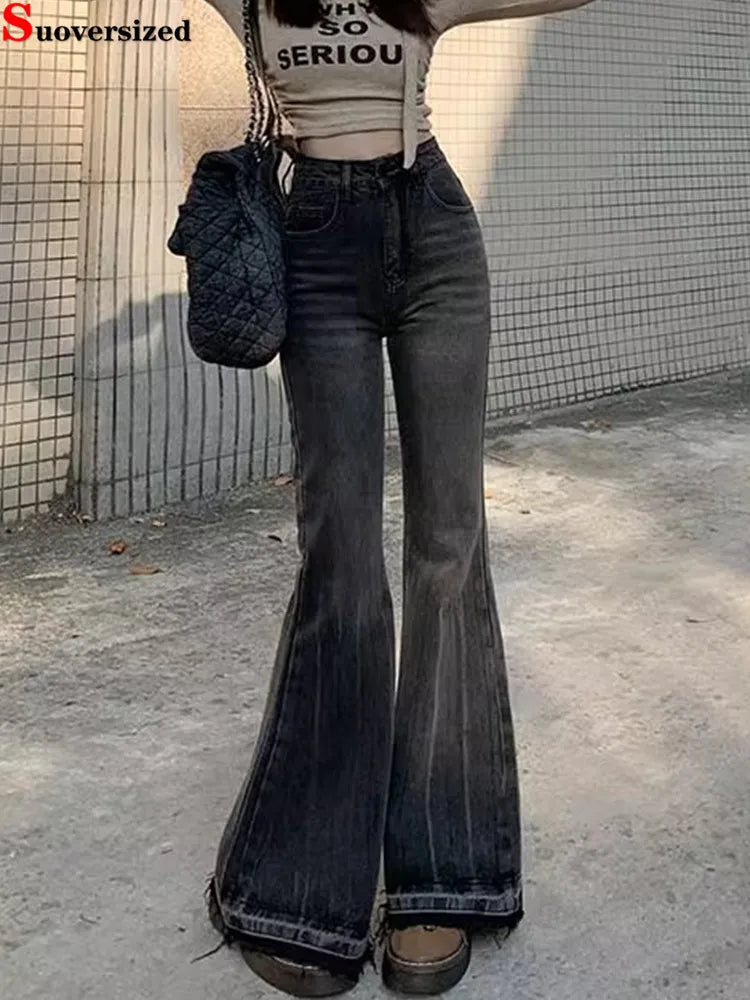 Burr Edge Design Vintage Flare Jeans High Waist Korea Casual Skinny Denim Pants New Women Streetwear Strecth Boot Cut vaqueros