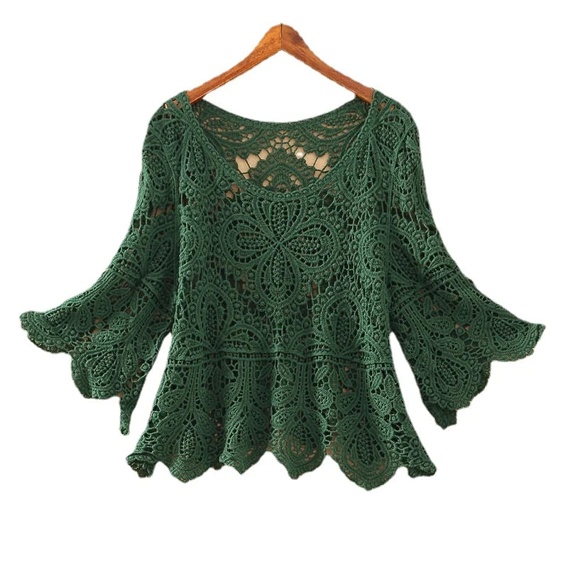 Summer Clothing 2024 Latest Women's Round Neck Crocheted Cutout Blouse Short Large Size Lace Half Sleeve Loose Top for Women