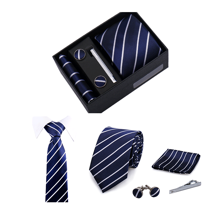 Fashion Elegant Men's Necktie Gift Box Striped Tie Handchief Cufflink Tie Clip 4 pcs Set Wedding Business Party Suit Accessories