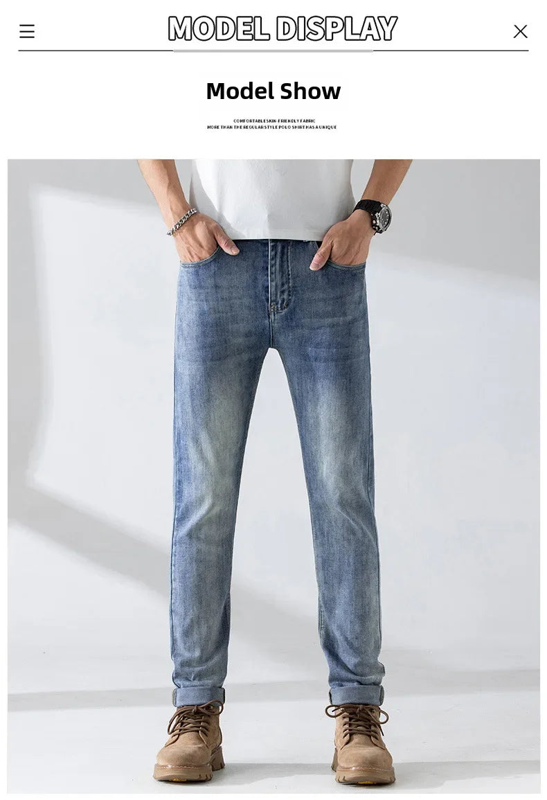 Trendy Casual Men's Denim Trousers High End Thin Cutting Edge Style Slim Fit Stretchy Regular Fit Small Straight Leg