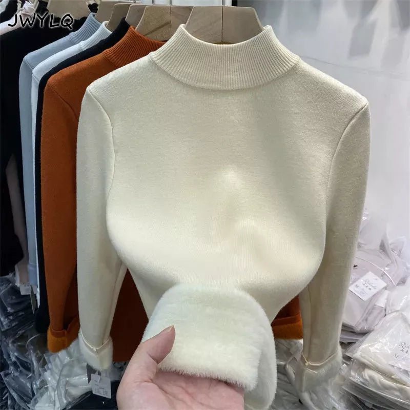 Korean Turtleneck Slim Thicken Knitted Pullovers Woman 2024 Winter Plus Velvet Sweater Casual Fleece Lined Warm Knitwear Tops