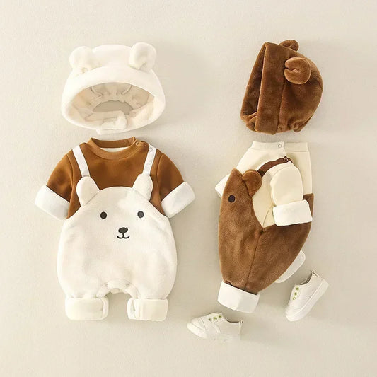 Winter Newborn Baby Clothes Plush Warm Strap jumpsuits Cute Bear Baby Girls Boys Romper Korean Style Long-sleeved Toddler Sets