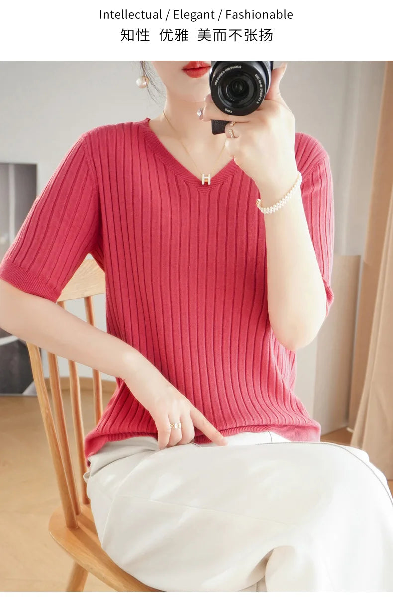 2024 new Women's Clothing Pullovers Sweaters Spring Summer New V-neck Short sleeved Knitted Shirt Base Shirt Solid Color Jumpers