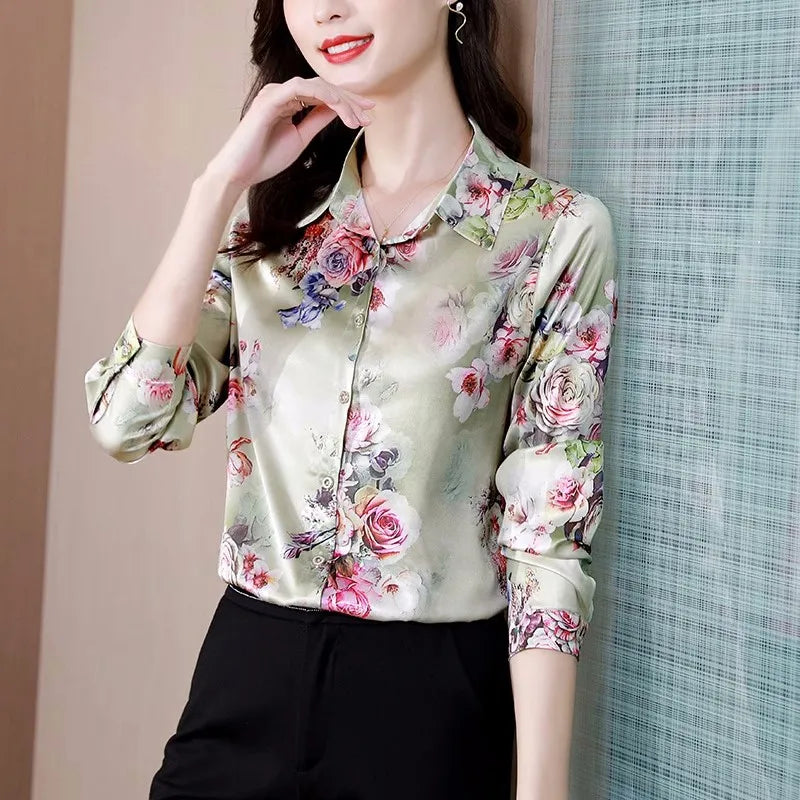 ARWEN & AJH GROUP Chic Printed Casual Office Shirts For Women Long Sleeve Silk Satin Fashion Women Blouses 2024 Elegant Female Tops  ARWEN & AJH GROUP