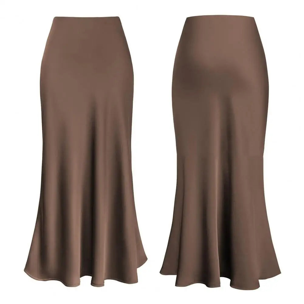 مجموعة أروين التجارية ARWEN & AJH GROUP Fishtail Maxi Skirt Elegant Faux Silk Satin Skirts for Women High Waist A-line Office Lady Skirt Solid Color Glossy Finish