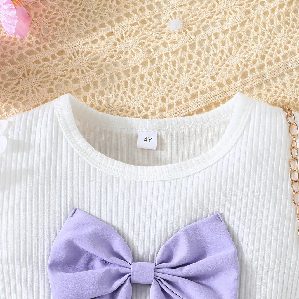 Kid Girl  Puff Tulle Sleeve Bow Blouse and Elastic Pleated Skirt Summer Outfit Toddler Infant Clothing Set Kids Wear Ootd