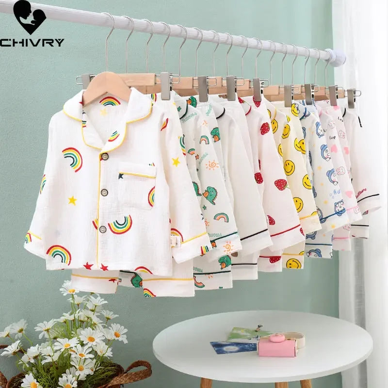 Kids Summer Thin Pajamas Sets New 2023 Boys Girls Cotton Linen Cartoon Long Sleeve Lapel Shirt Tops with Pants Baby Home Wear