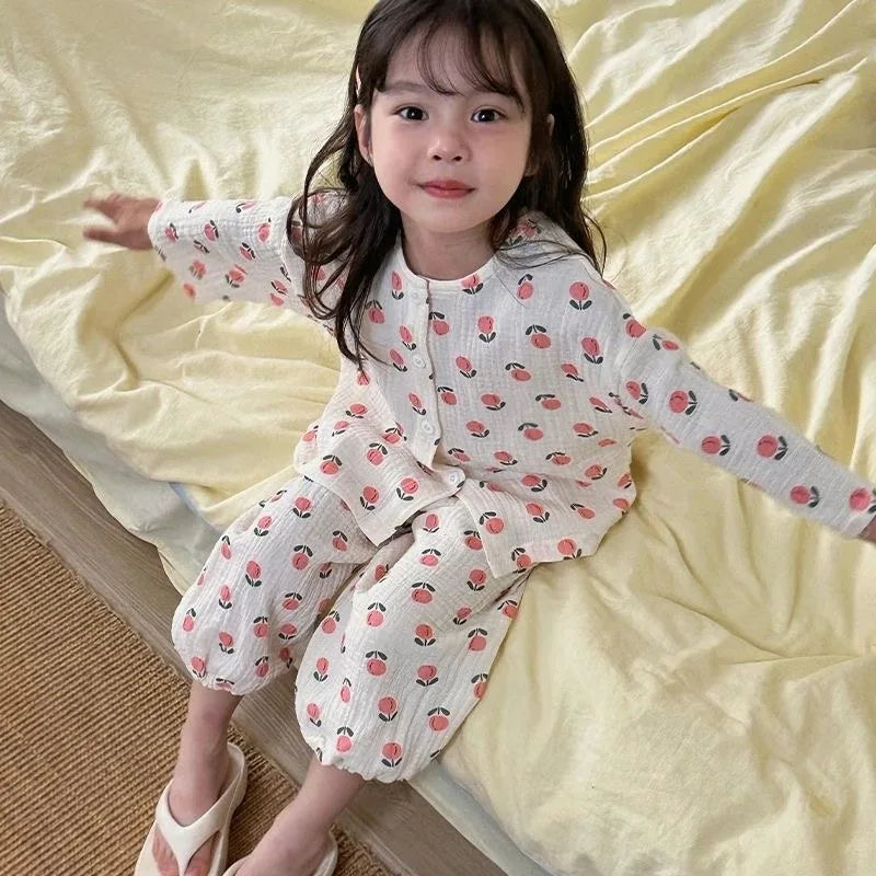 Baby Boys Girls Suit Clothes Kids Muslin Cotton Home Wear Outfit Set Three-Quarter Sleeves Tops+Pants Soft Pajamas 2PC 0-7T