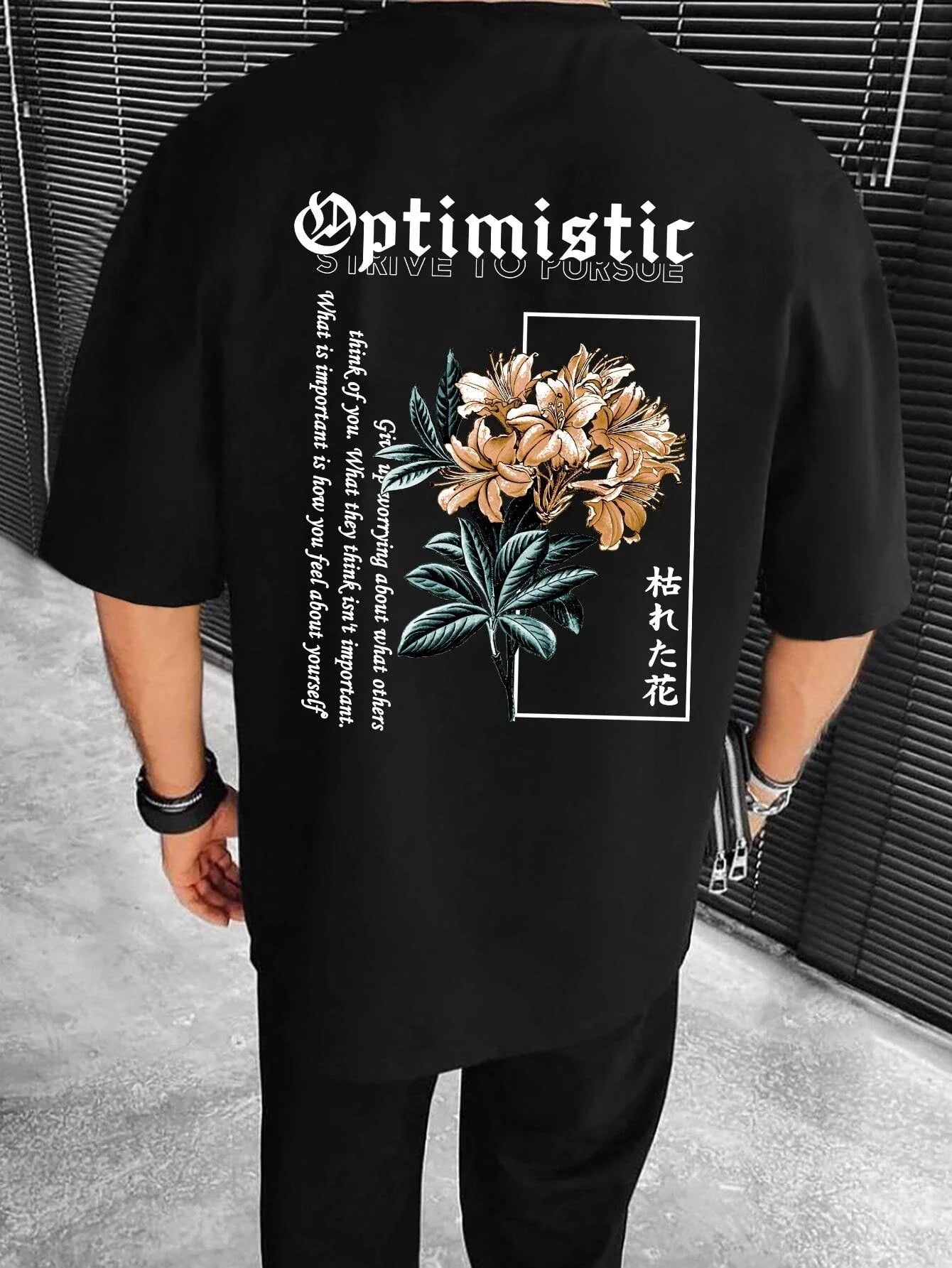 Optimistic Strive To Porsue Harajuku Flower Printing Male Tshirt Oversized Loose T Shirts Cotton T Shirts Breathable T-Shirts