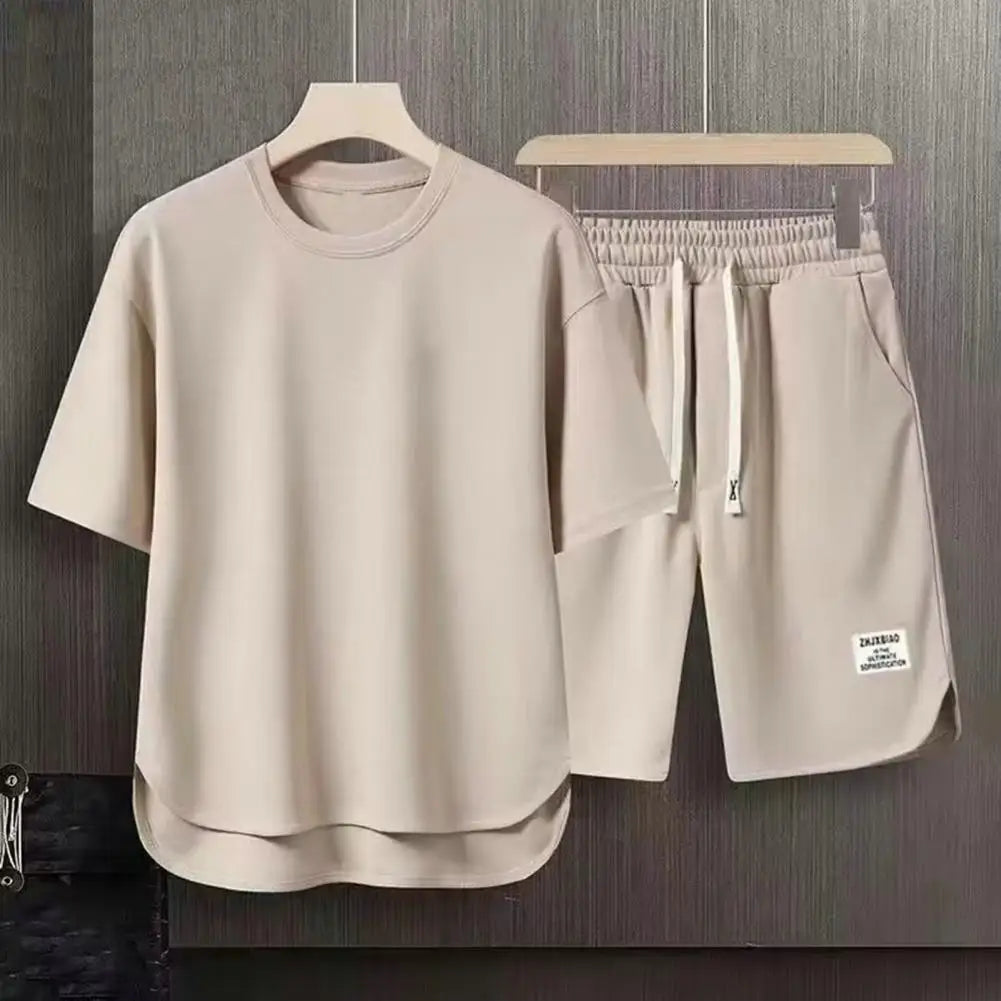 2Pcs/Set Men Summer Casual Outfit Short Sleeve T-shirt Elastic Drawstring Waist Wide Leg Shorts Set Activewear Set 남자 운동복 세트