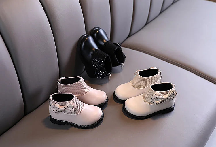 Children's Cotton Boots Winter New Kids Shoes Bow Girls Soft Bottom PU Leather Boots Baby Side Zipper Design Boots Toddler Shoes