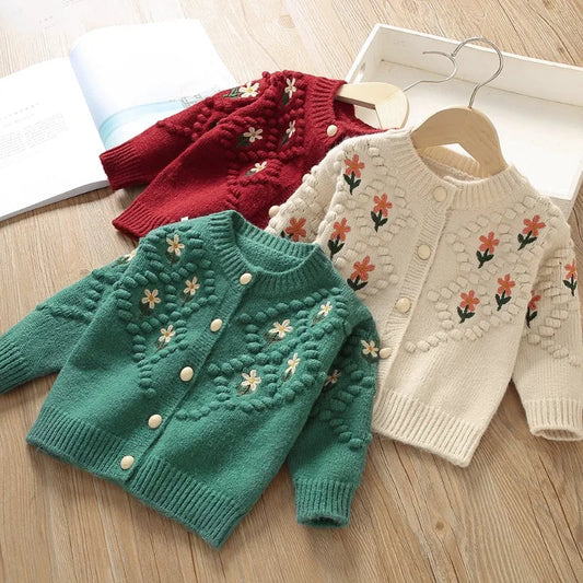 Girls' Autumn Clothes Sweet Flower Children Sweaters Embroidery Knitted Cardigan Warm Kids Outerwear Korean Baby Girl Clothes