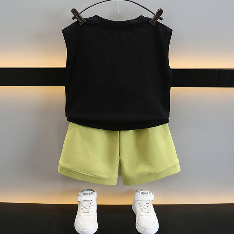 2-10Y Kid Boy Clothes Sport Suit Summer Vest+Short Pant 2Pcs Set Hi Letter Green Children Tracksuit Toddler Outfit Baby A1115