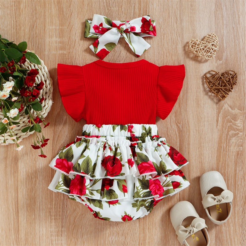 2pcs Infant Baby Girls Romper Dress Patchwork Flower Print Lace Sleeveless/Long Sleeve Crew Neck Front Bowknot Jumpsuit Headband