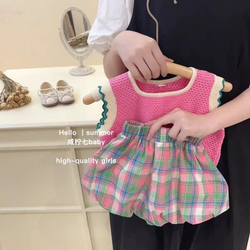 Girl's Children's Clothing Suit Summer Pink Knitted Vest+Plaid Bud Shorts Two-piece Set for Outer Wear Leisure Style Loungewear