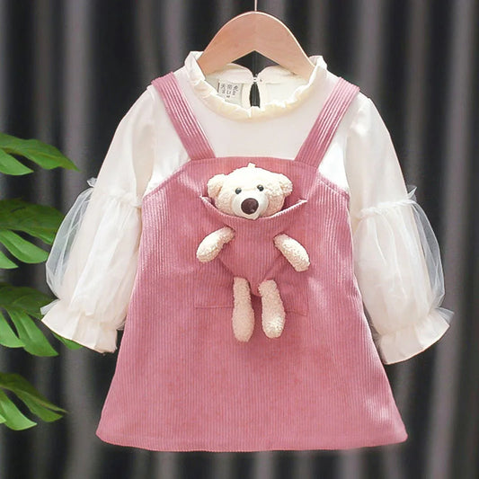 Kid Girl Dress Princess Dress Pocket Bear Gift Birthday Party Children Puff Long Sleeve Toddler Girl Clothes Teen Baby Suit A830