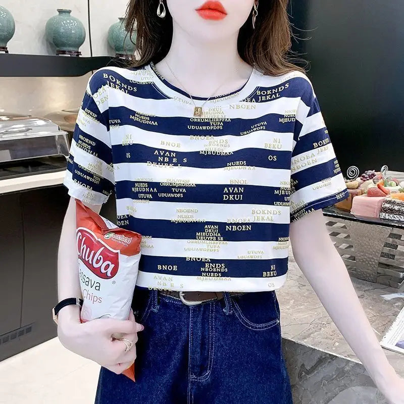 Fashionable Striped Short Sleeve T-Shirt Women Loose Letter Print 2024 Summer Trendy Korean Style Aesthetic Clothes