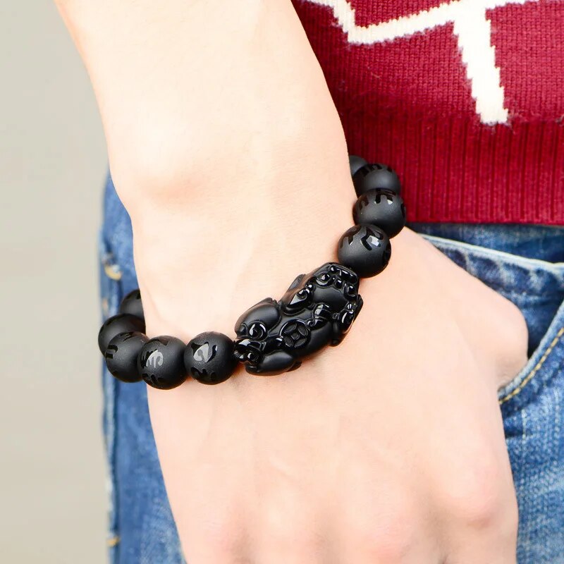 Natural Obsidian Fengshui  Beaded Bracelet Men Women Black  Brave Troops Six-word Mantra Bead Bangle Lucky Amulet Gift