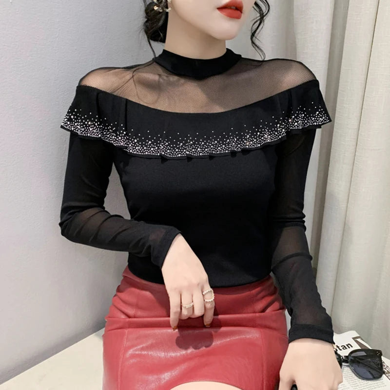 مجموعة اروين arwen&ajh group 2024 Spring Autumn New Women's Tops Shirt Fashion Casual Turtleneck Long Sleeve Hollow Out Hot Drilling Mesh T-Shirt M-3XL