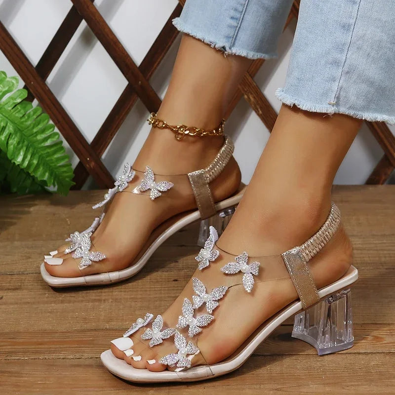 ARWEN & AJH GROUP Woman Elastic Rhinestones Sandals Elegant Designer Female Sale Pvc Fashion Comfortable Medium Block High Heels Party Shoe Summer