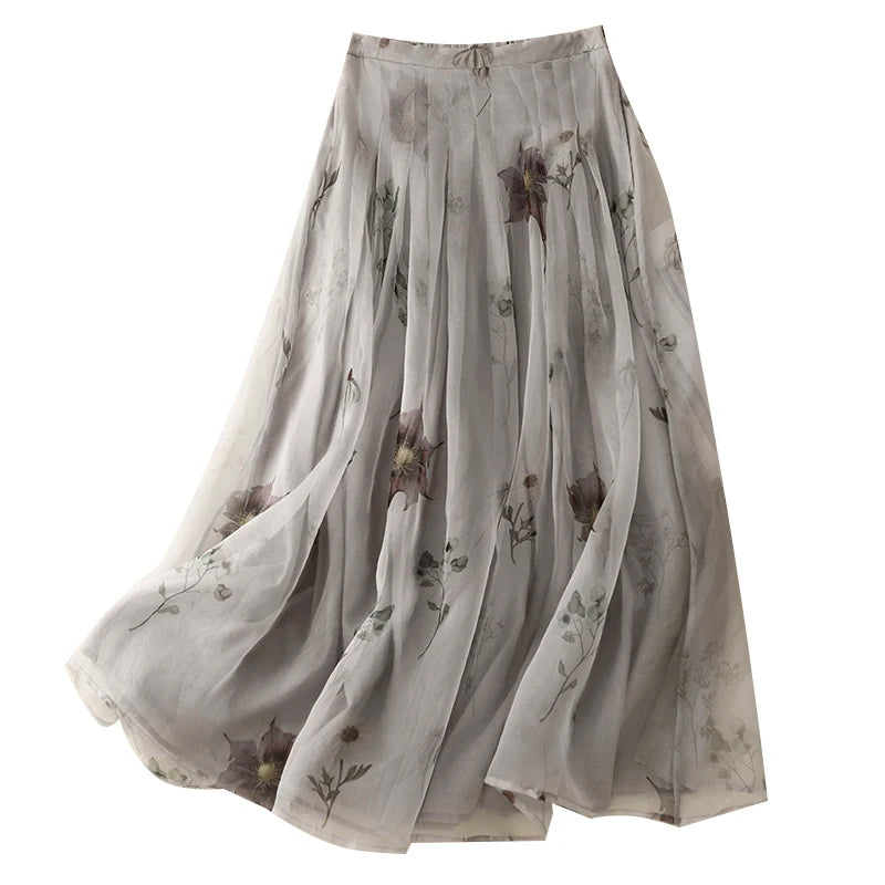 Cotton and Linen Printed Double-Layer High Waist Skirt Women's 2024 Summer New Retro Artistic Loose Elegant Casual Skirt