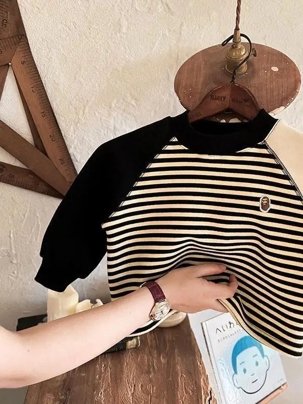 Autumn Winter Children Boy Striped Sweatshirt Cotton Spliced Long Sleeve Velvet Toddler Boy Pullovers Infant Baby Boy Undershirt