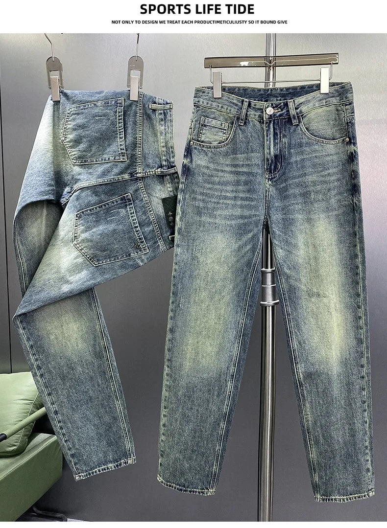 Thin section light blue jeans high-end simple fashion loose straight pants spring and summer casual versatile men's pants