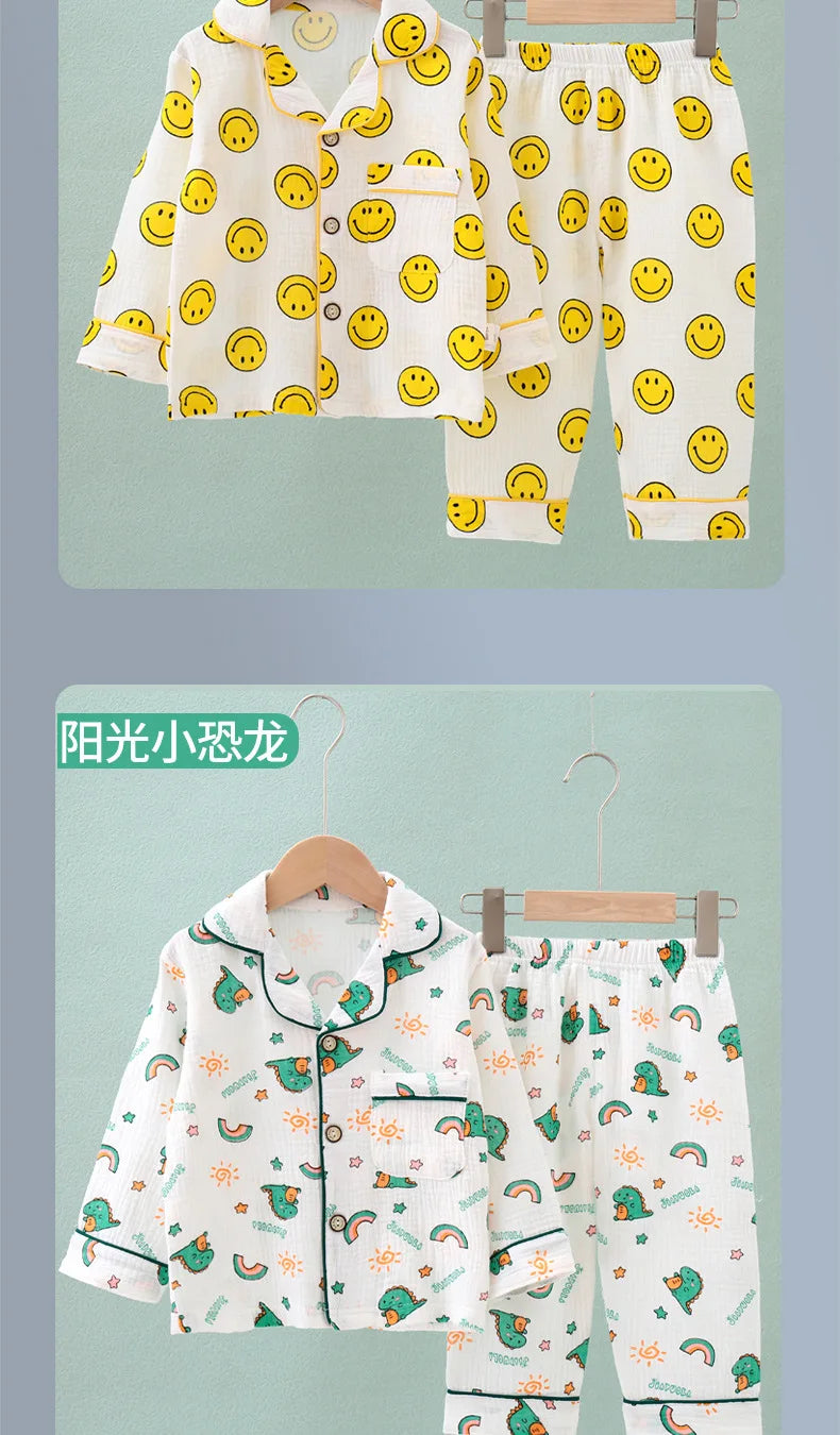 Kids Summer Thin Pajamas Sets New 2023 Boys Girls Cotton Linen Cartoon Long Sleeve Lapel Shirt Tops with Pants Baby Home Wear