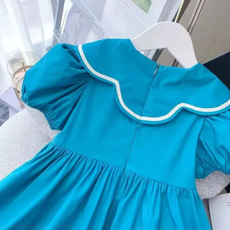 Girls College Style Green Dress Summer Korean Version Children's Fresh And Cute Princess Dress Stylish Bow Dress New 2024