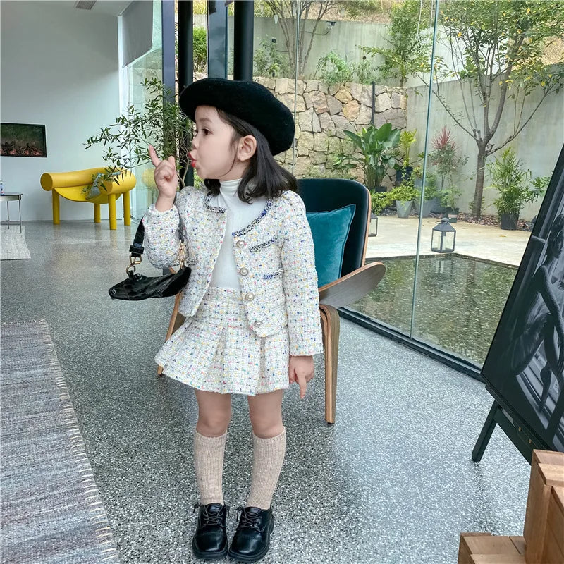 3308E Girls' Clothing Set Sweet Suit 2022 Autumn New Little Fragrant Wind Girl Two Piece Suit Knitted Coat+ Pleated Skirt