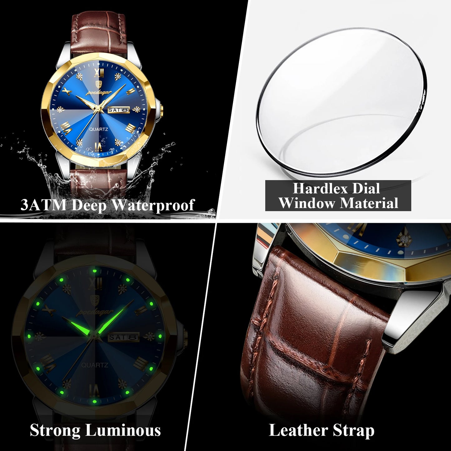 POEDAGAR Luxury Man Wristwatch High Quality Quartz Sports Business Men Watch Waterproof Luminous Date Week Leather Men's Watches