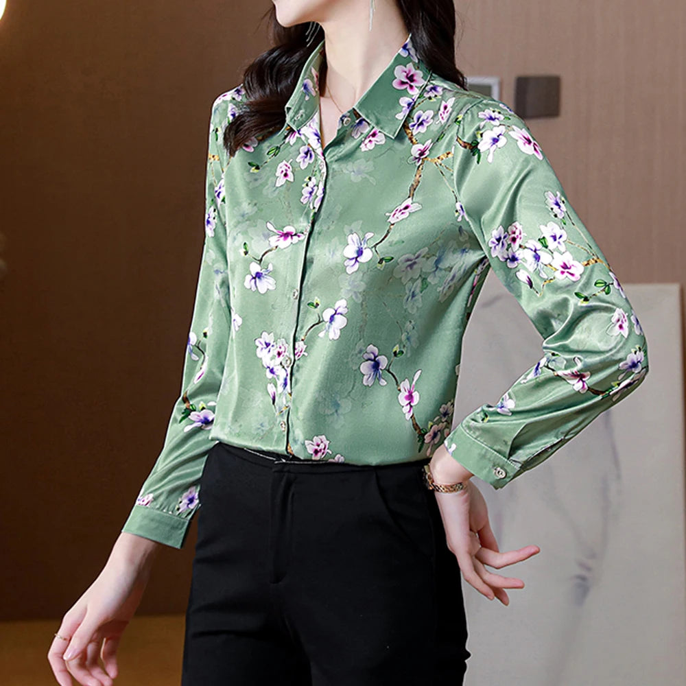 ARWEN & AJH GROUP Chic Printed Casual Office Shirts For Women Long Sleeve Silk Satin Fashion Women Blouses 2024 Elegant Female Tops  ARWEN & AJH GROUP