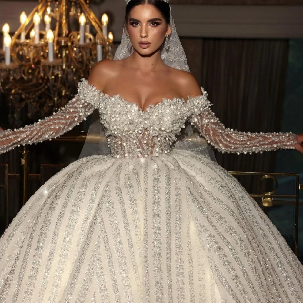 ARWEN&AJH GROUP مجموعة اروين التجاريه2024   Graceful Off The Shoulder Bridal Dress Sparkly Sequins Beads Wedding Gown 2024 Luxury Ball Gown Bride Robe