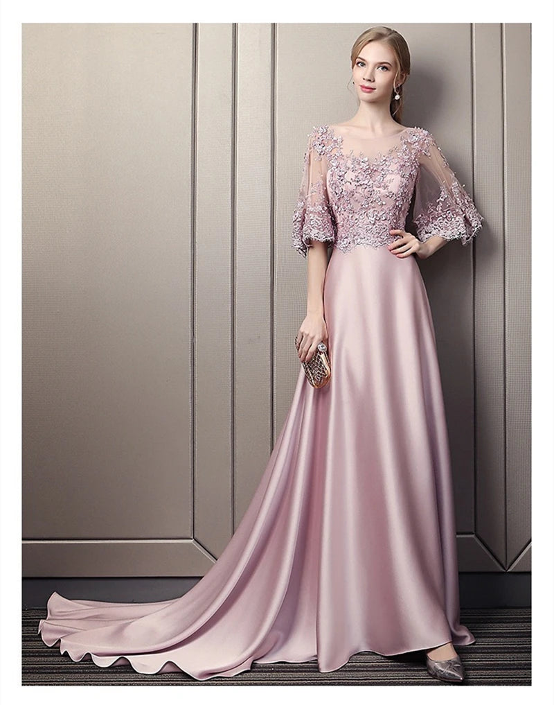 A-Line Mother of the Bride Elegant Dresses  Luxury Beads Flowers Half Sleeves Wedding Guest Evening Gowns robe de soirée femme