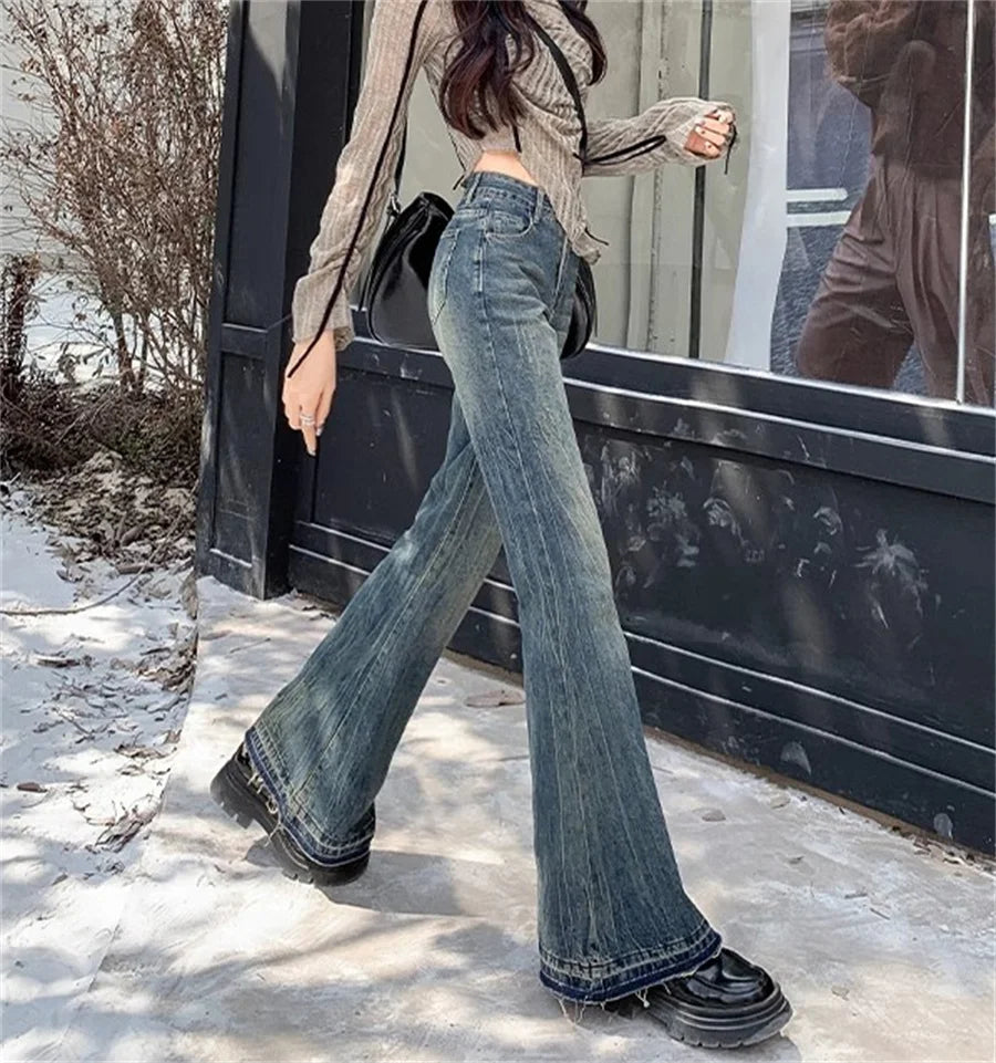 Burr Edge Design Vintage Flare Jeans High Waist Korea Casual Skinny Denim Pants New Women Streetwear Strecth Boot Cut vaqueros