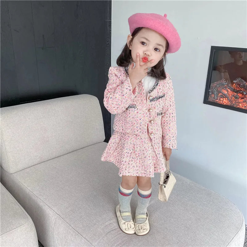 3308E Girls' Clothing Set Sweet Suit 2022 Autumn New Little Fragrant Wind Girl Two Piece Suit Knitted Coat+ Pleated Skirt