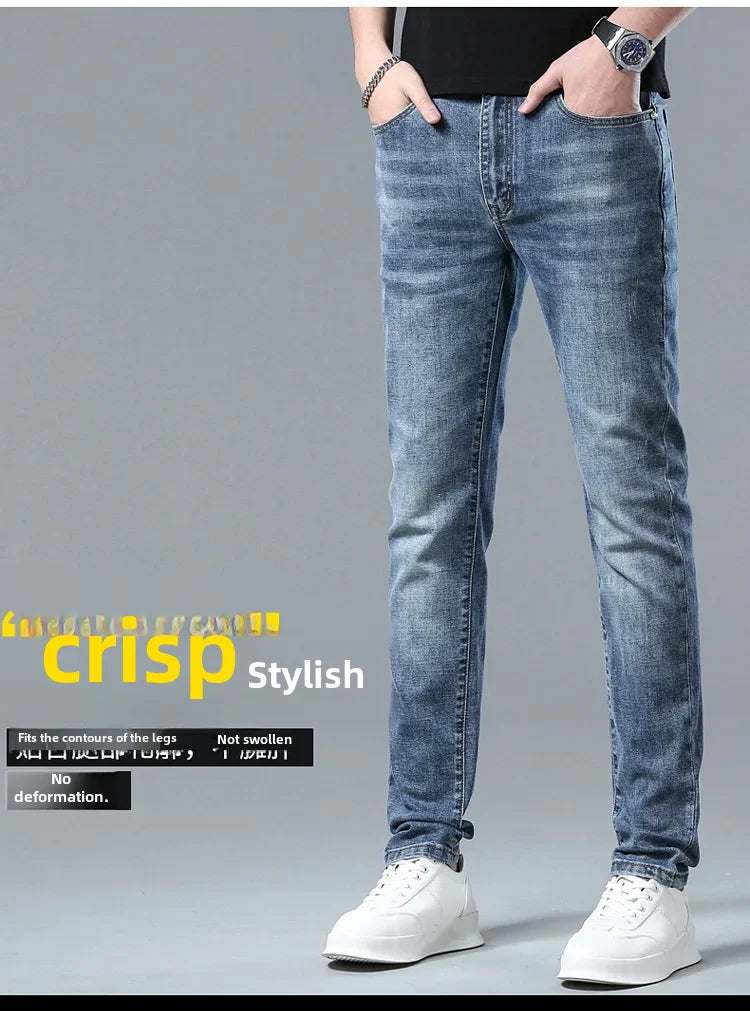 Free Shipping Slim Fit Men's Jeans Straight Leg Europe Trendy Brand Fashionable Washing Long Pants Casual Scene