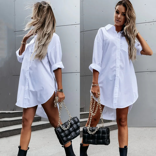 Elegant Women's White Blouse Casual Top Spring/Summer 2024 Basic Loose Fit Long Sleeve V-Neck Button Long Khaki OL Shirt S-XXL