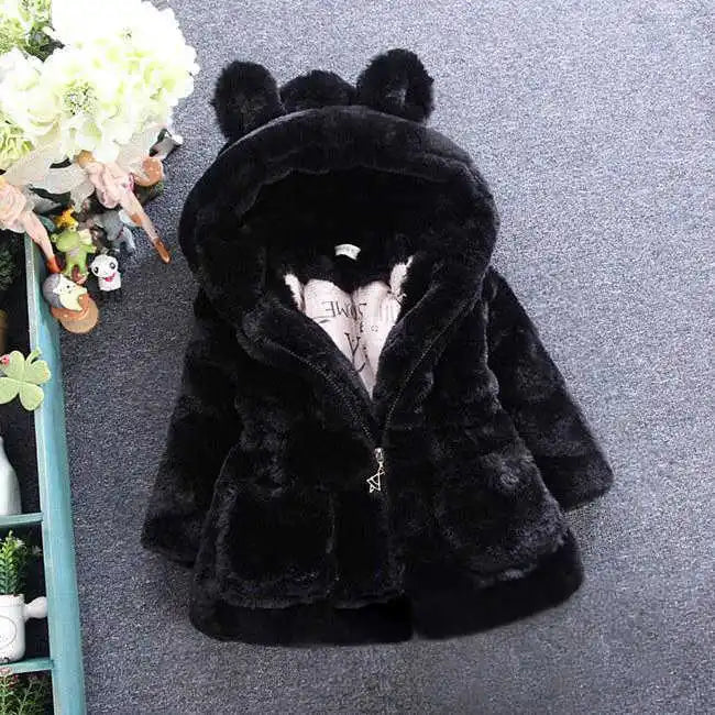 Winter Plush Imitation Fur Girls Jacket Keeping Warm Hooded Outerwear For Kids 1-8 Years Christmas Present Children Coat