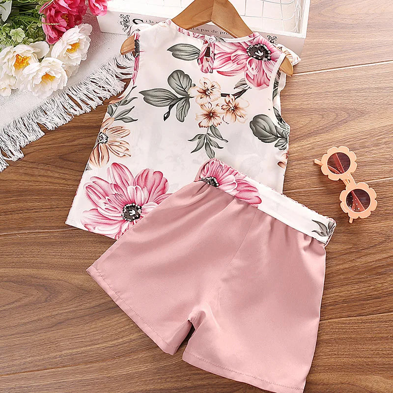 Baby Girl clothing suit summer floral print ruffled edge sleeveless top shorts 2-piece sweet children's clothing