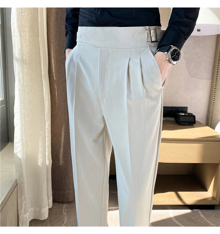 British Style Men High Waist Casual Dress Pant Men Belt Design Slim Trousers Formal Office Social Wedding Party Dress Suit Pants