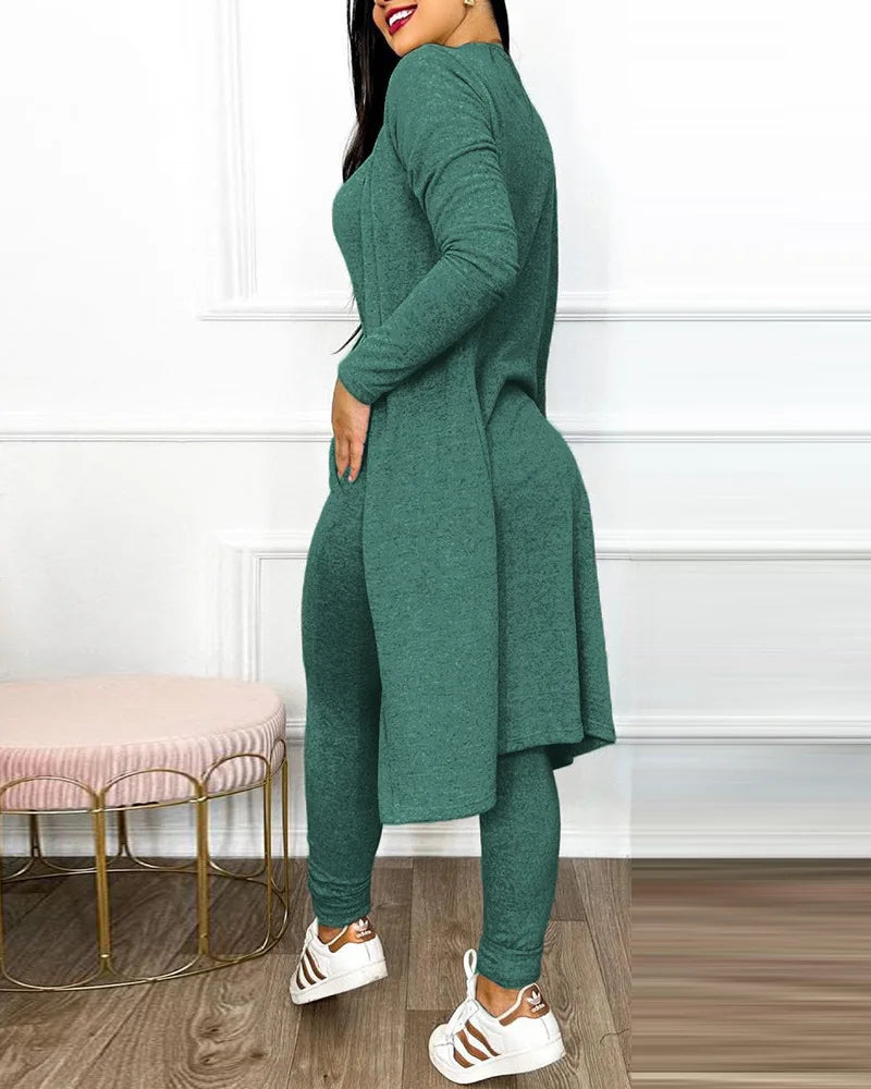 Drawstring Pocket Design Jumpsuit & Coat Set Solid Color Women Autumn Lace Up Long Top Slim Fit Pencil Pants Fashion