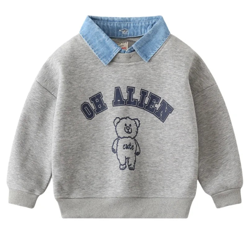 Autumn Children Boys Fake Two Piece Sweatshirt Cotton Bear Printed Baby Boy Pullovers Detachable Collar Long Sleeve Kid Boy Tops